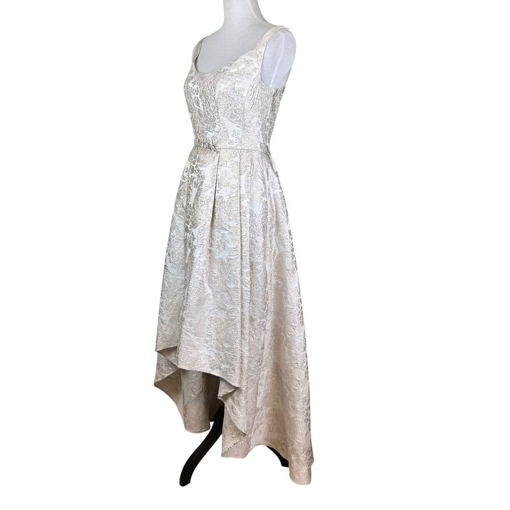 Betsy & Adam Silver Metallic Floral Jacquard Embellished High Low Wedding Gown - Picture 2 of 14